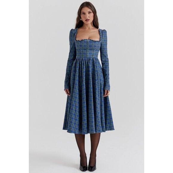 House of CB DELIA BLUE TARTAN MIDI DRESS NWOT size M Medium - Picture 2 of 10
